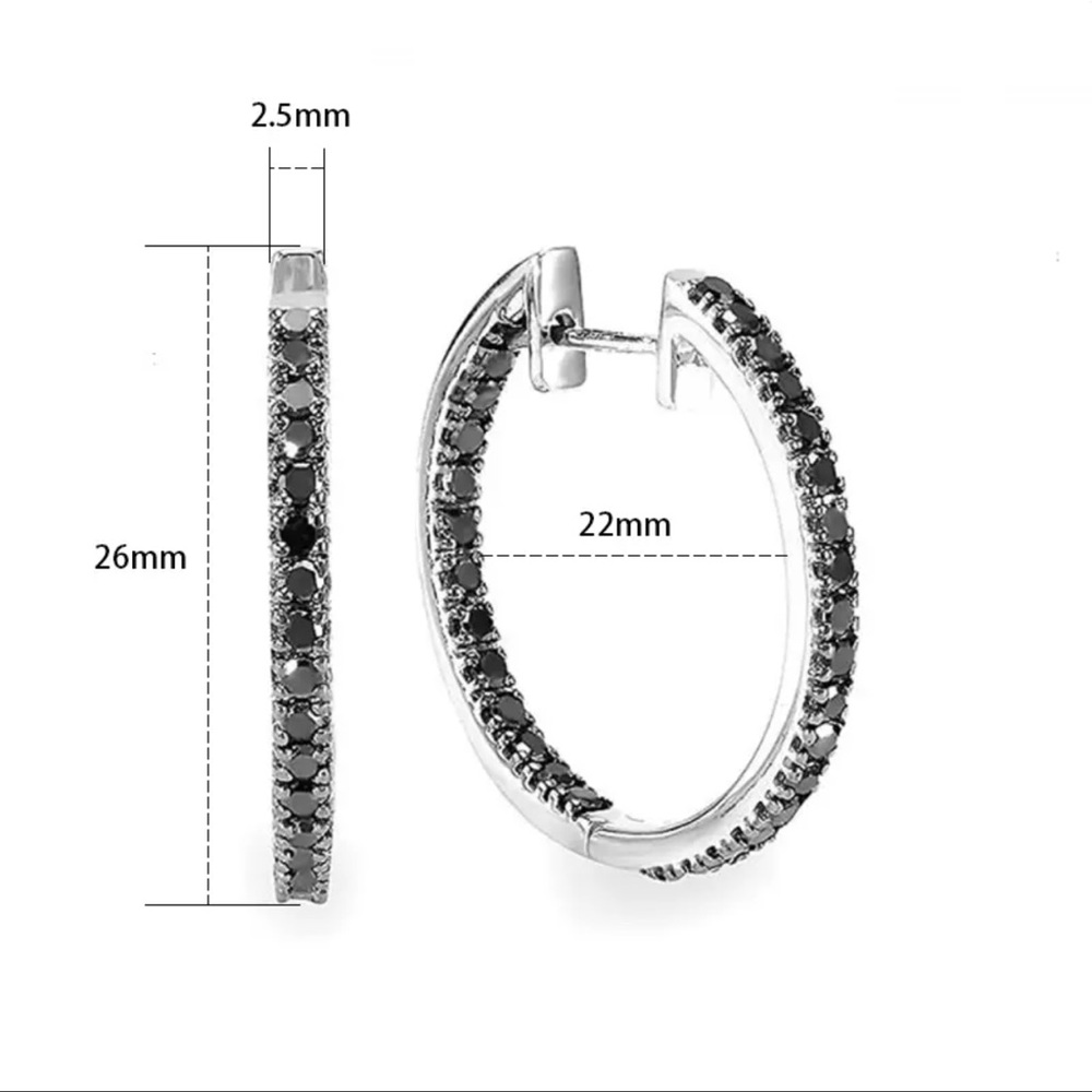 🌟 Sterling Silver Big Hoop Earring Black Diamonds - Picture 4 of 5